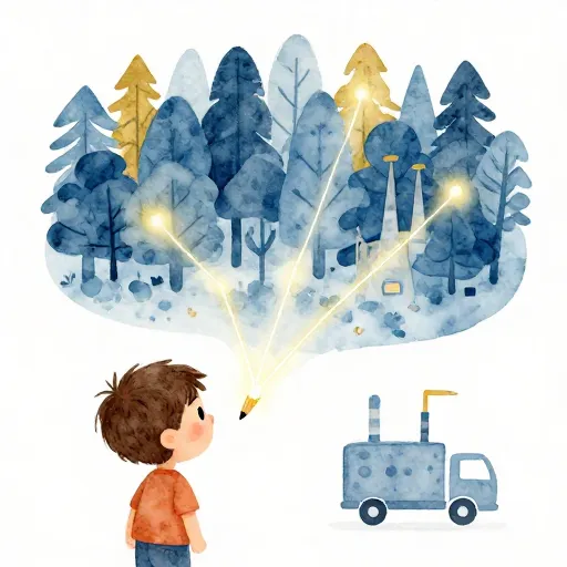 An illustration showing the many people involved in making a simple pencil.