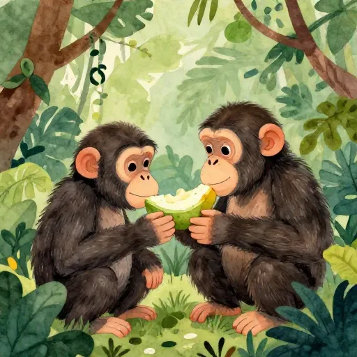 Two chimpanzees sharing food in the wild.