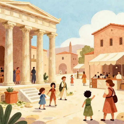 Un bullicioso mercado griego antiguo con columnas y gente.