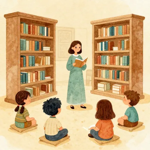 Una antigua filósofa enseñando en una biblioteca.