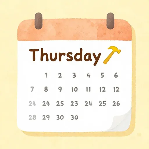 A calendar highlighting Thursday with a hammer symbol.