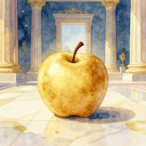 A golden apple on a marble floor.