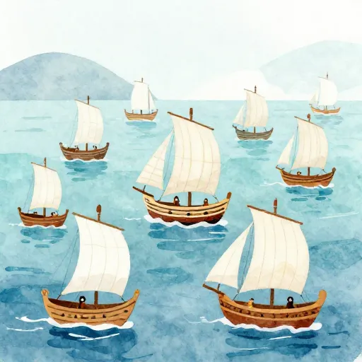 A fleet of ancient Greek ships on the sea.