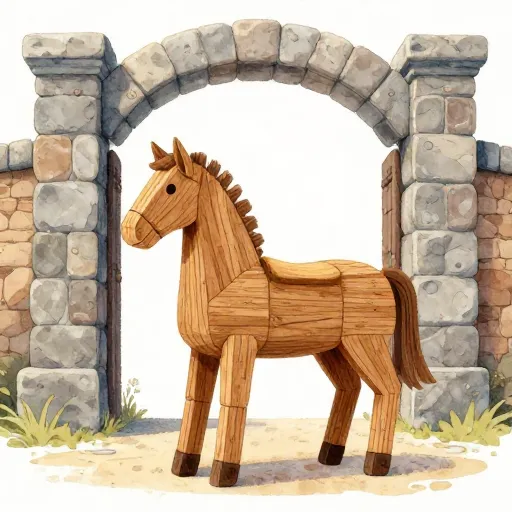 A giant wooden horse in front of the gates of Troy.