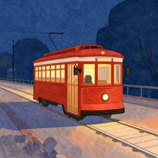 A watercolor painting of a red trolley on a track that forks in two directions.