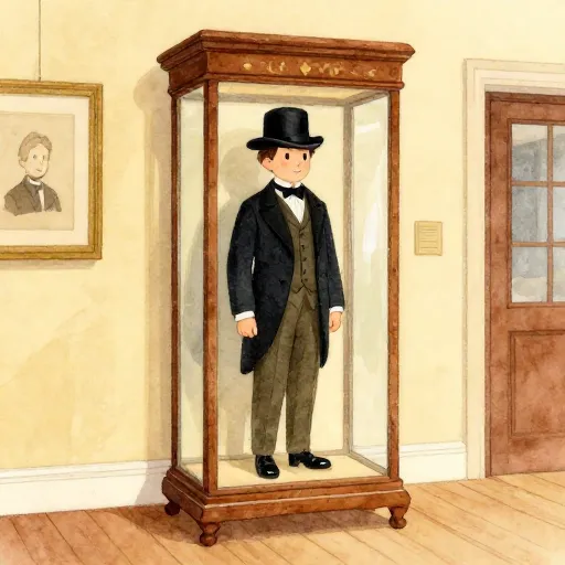 Una vitrina victoriana que contiene un traje de ropa.