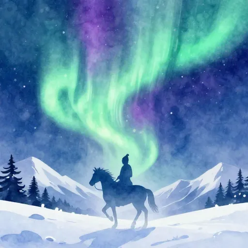Watercolor illustration of the Northern Lights forming the shape of a Valkyrie.