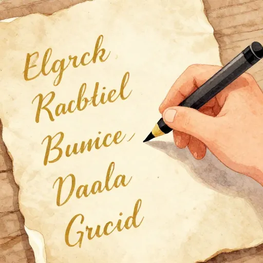 A hand writing various pen names on parchment.