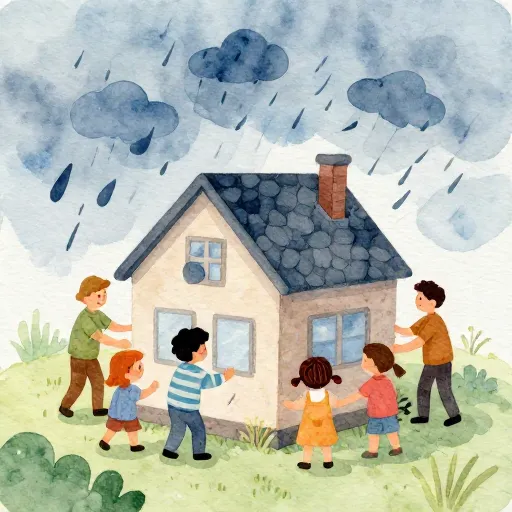 People working together to rebuild a house.