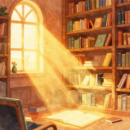 A magical, glowing library representing the stories of people's lives.