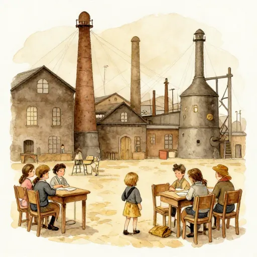 A contrast between an old schoolroom and a factory.