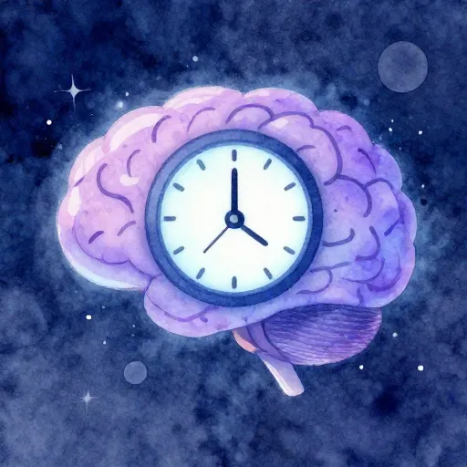 A glowing brain with a clock showing night time.