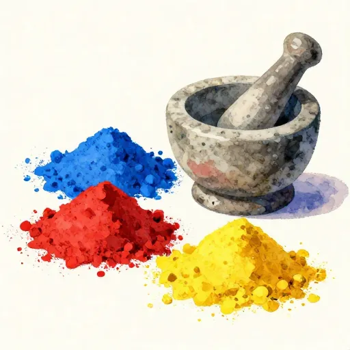 Watercolor illustration of colorful pigment powders and a stone grinder.