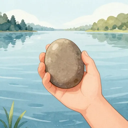 Une main tenant une pierre à galets lisse au-dessus d'un lac.