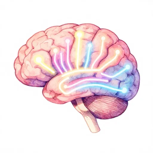 An illustration of a glowing brain active with thoughts.