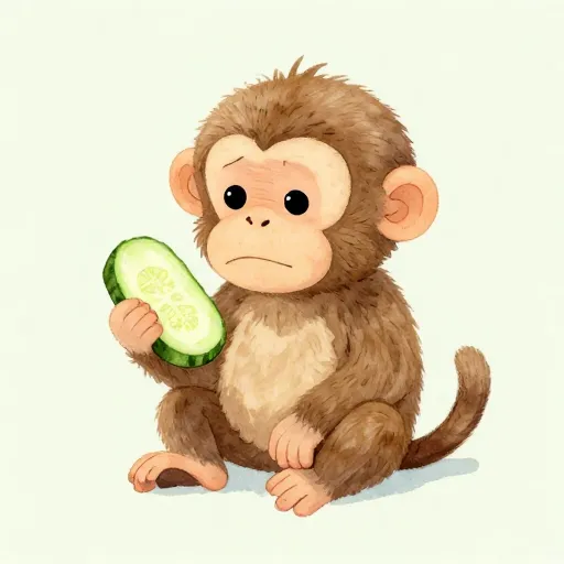 A watercolor illustration of a capuchin monkey with a cucumber slice.