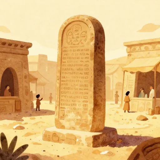 A watercolor illustration of Hammurabi's stone stele in an ancient city.