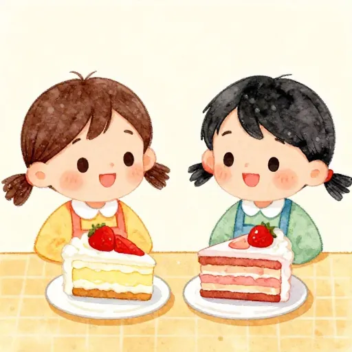 A watercolor illustration of two children sharing a cake fairly.