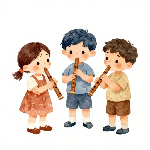 A watercolor illustration of three children and a flute.