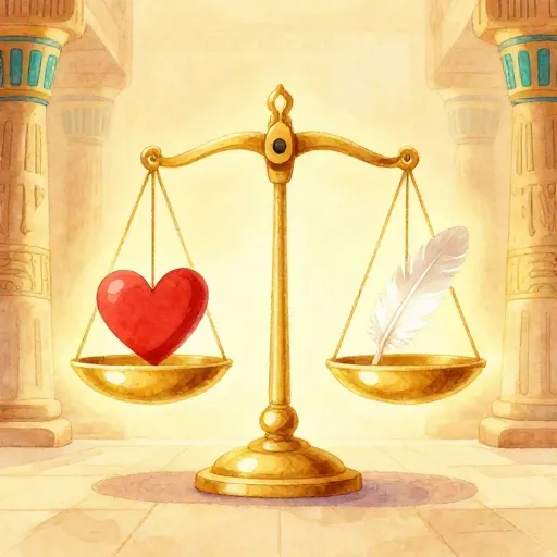 Une balance dorée équilibrant un cœur et une plume dans un temple égyptien.