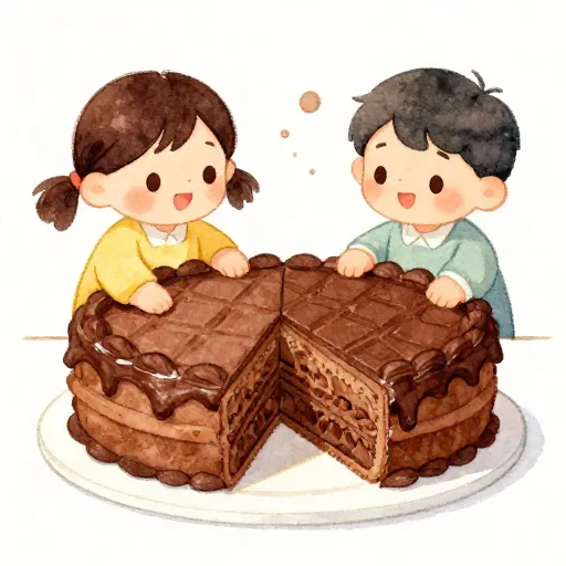 Deux enfants partageant équitablement un gâteau.