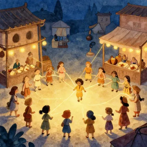 An illustration of people in a marketplace connected by glowing golden lines.