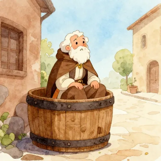 An illustration of a philosopher living in a barrel.