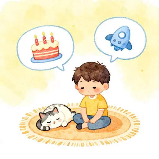 A child sitting with a cat, with thought bubbles showing the child's imagination