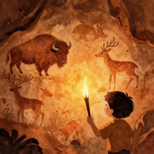 A child looking at ancient cave paintings by torchlight.
