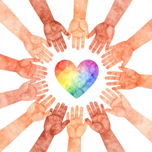 Different hands holding a glowing heart together.