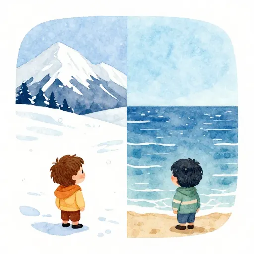 Une illustration divisée montrant deux enfants différents observant des merveilles naturelles différentes.