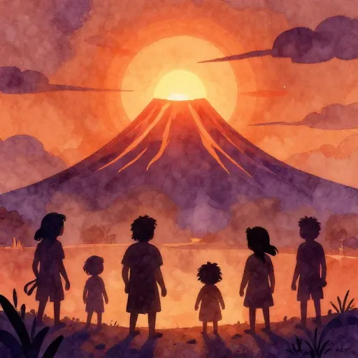 Silhouettes of people watching a glowing volcano at night.