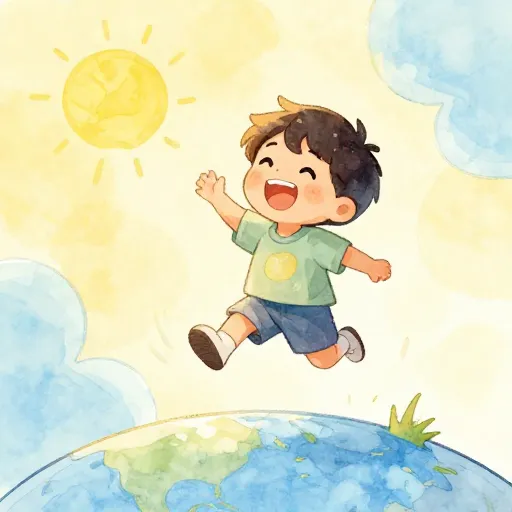 Un niño flotando lejos de un parque infantil porque no hay gravedad.