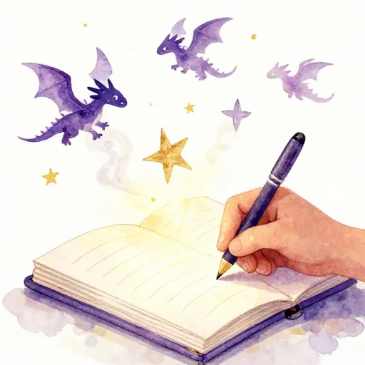 Un enfant écrit dans un journal de rêves pendant que des formes magiques flottent au-dessus de lui.