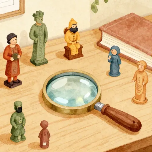 Une collection de petits artefacts anciens sur un bureau en bois.