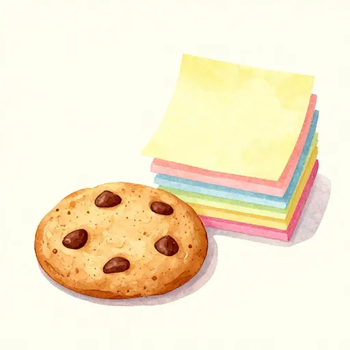 Un biscuit aux pépites de chocolat et des notes autocollantes colorées.