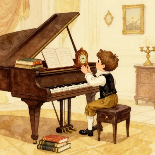 A young boy in a grand room looking at a clock's gears.