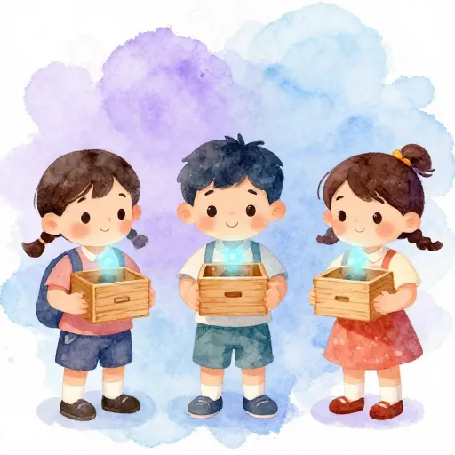 Children holding mysterious boxes representing their inner feelings.
