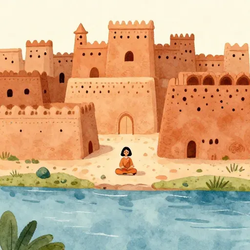 An ancient city with a person meditating in the foreground.