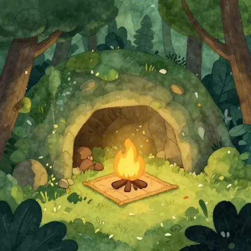A peaceful cave setting in a forest.