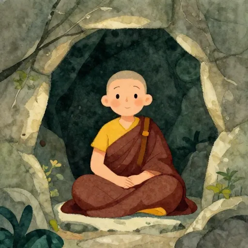A watercolor illustration of a monk meditating in a quiet stone cave.