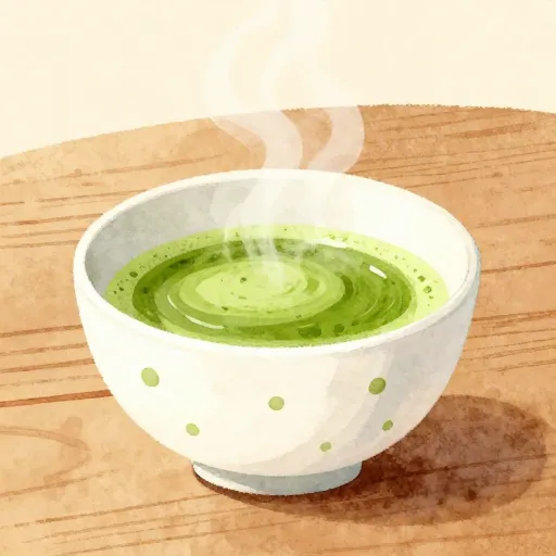 A watercolor illustration of a traditional bowl of green tea.