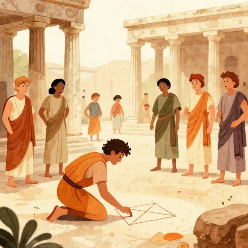 An ancient Greek philosopher drawing a line in the sand while people watch.