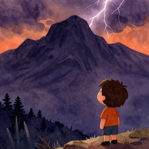 A child in ancient Greek clothing watching a storm over a mountain.