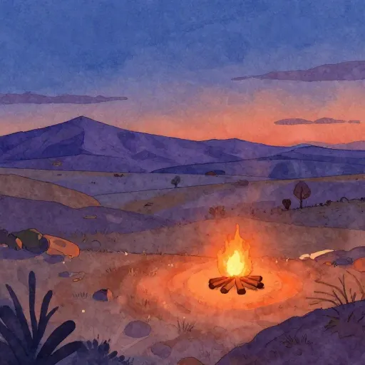 Une peinture aquarelle d'un paysage montagneux au coucher du soleil avec un petit feu de camp.