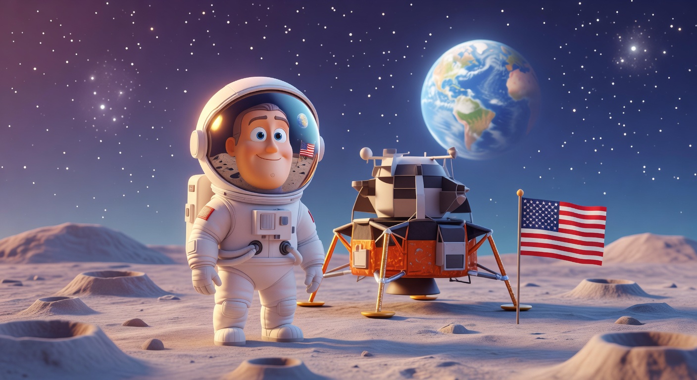 Pixar-style illustration of Buzz Aldrin in his spacesuit standing on the Moon's dusty surface with the Eagle lander and American flag nearby.