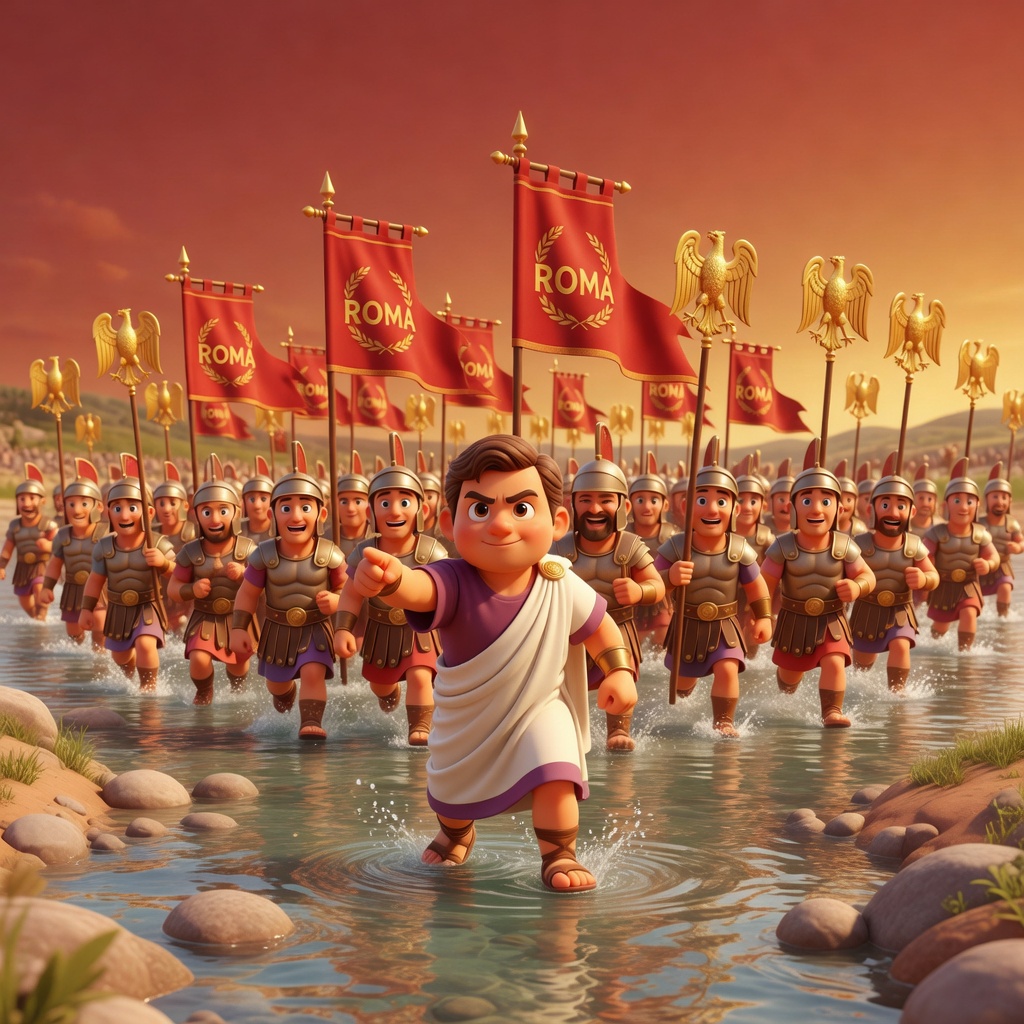 Pixar-style illustration of Julius Caesar leading his Roman army across the Rubicon River with soldiers carrying red banners and golden eagle standards.