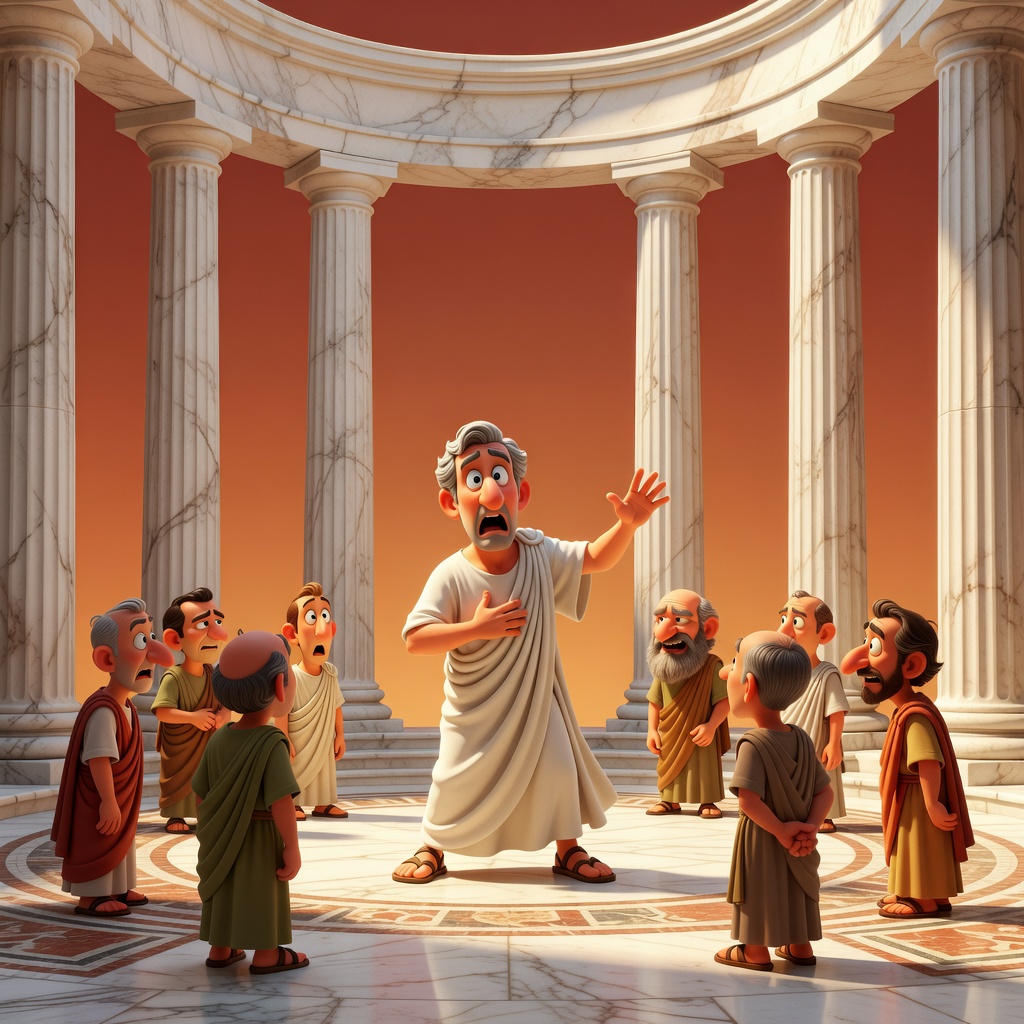 Pixar-style illustration of Julius Caesar in a white toga surrounded by senators in the grand marble Roman Senate building on the Ides of March.