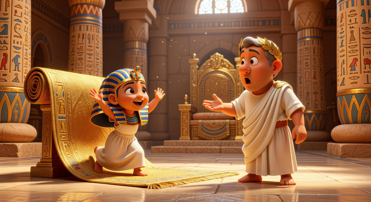 Pixar-style illustration of young Cleopatra emerging from a rolled carpet to meet Julius Caesar in an Egyptian palace.