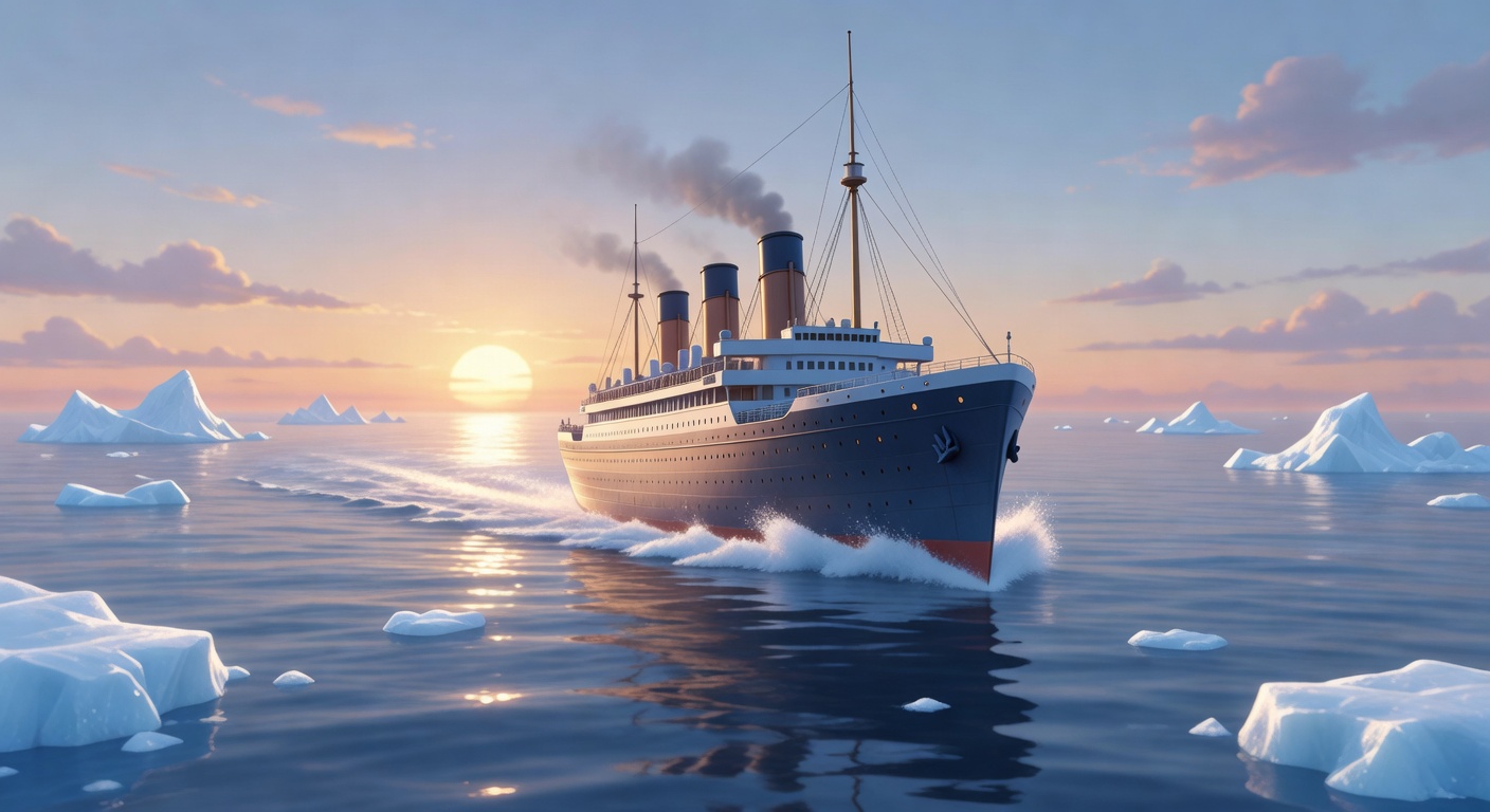 Pixar-style illustration of the RMS Carpathia steamship racing through icy waters at dawn to rescue Titanic survivors.